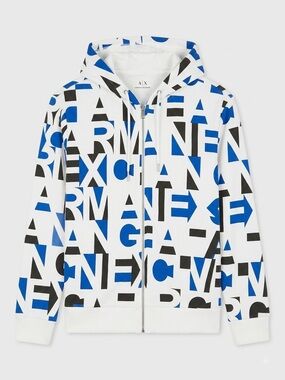 Armani Exchange White Hooded Zip Jacket with Blue & Black Letter Graphic